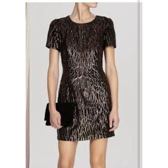 NWT Karen Millen Dazzling Black & Gold Sequin Cocktail Party Cocktail Shift Dres - Picture 1 of 9